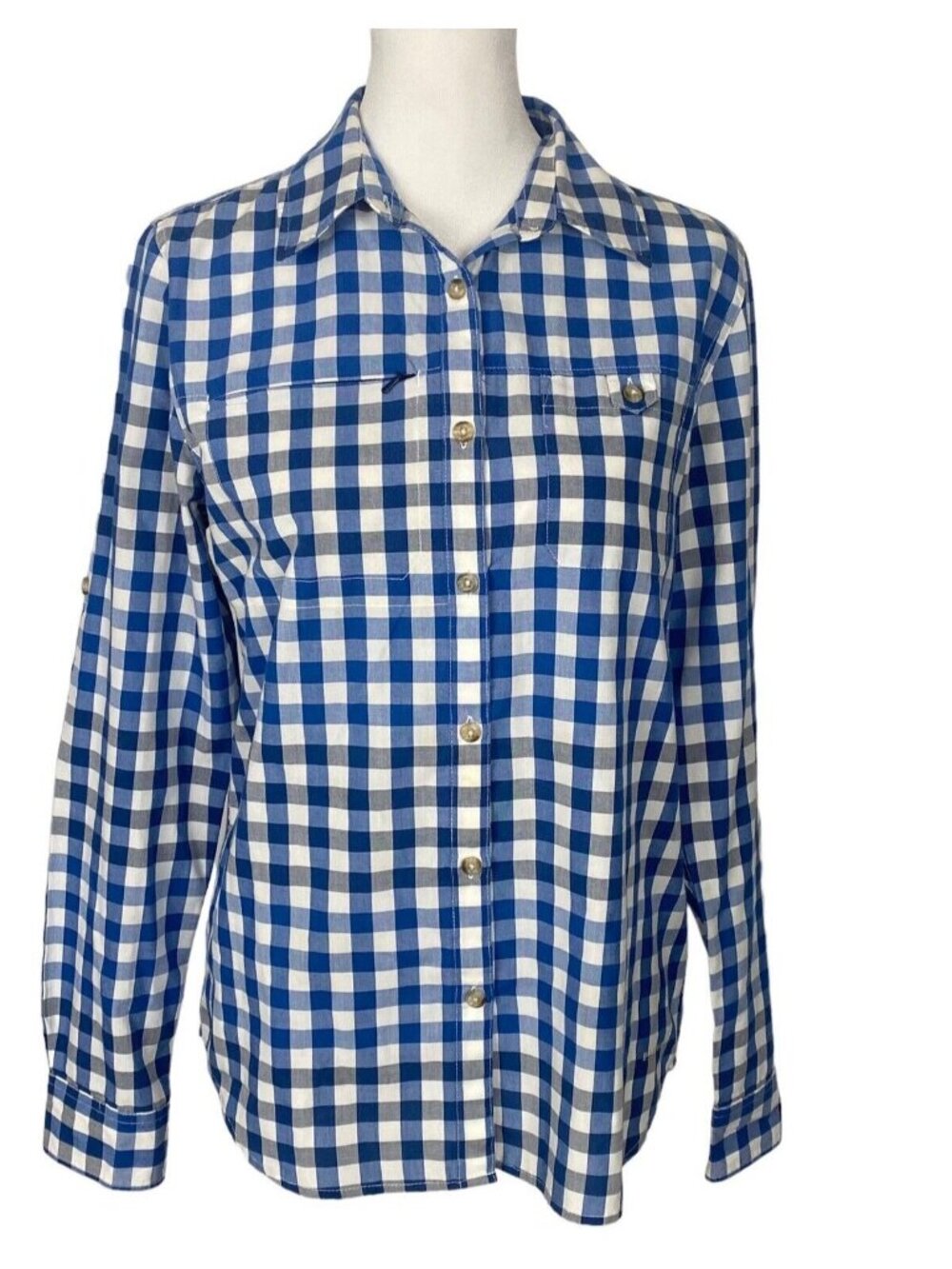 PATAGONIA Women Long Sleeve Checker Button Front Blouse Sz S Blue‎ Casual 6-19